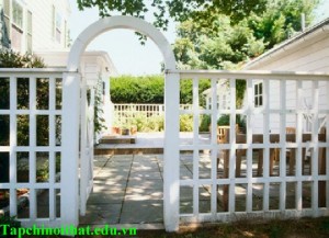 White Fence and Arched Gateway Leading to Backyard Patio